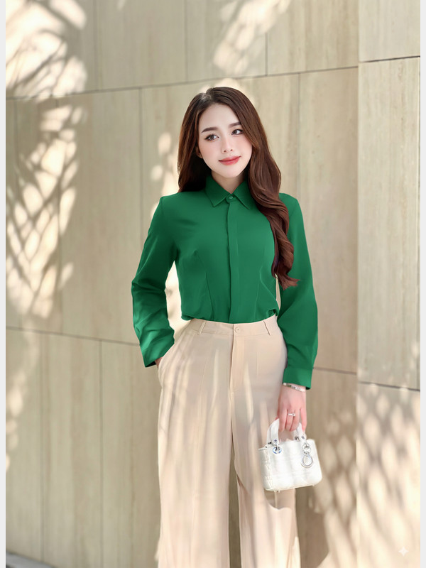 ÁO SƠ MI TAY DÀI CHIẾT EO AB0408 Xanh