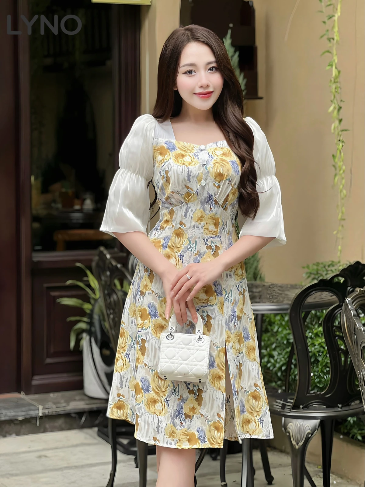 Đầm Tay Phồng Họa Tiết Vàng Xanh AB0257