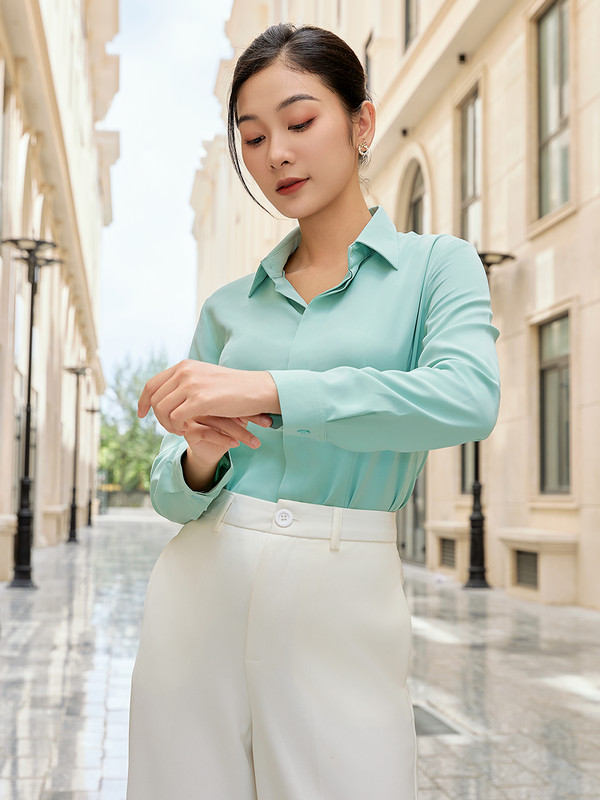 ÁO SƠ MI TAY DÀI CHIẾT EO AB0408 XANH NGỌC