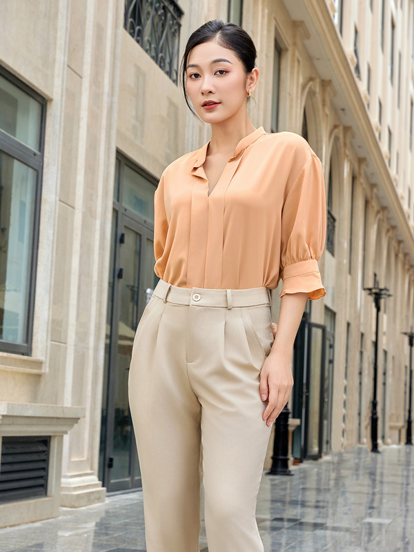 ÁO SƠ MI CỔ V TAY BÈO AB0401 CAM HỒNG