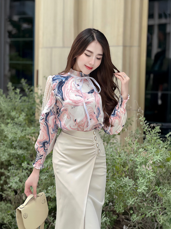 ÁO KIỂU PHỐI REN HI0003 Kem Hồng
