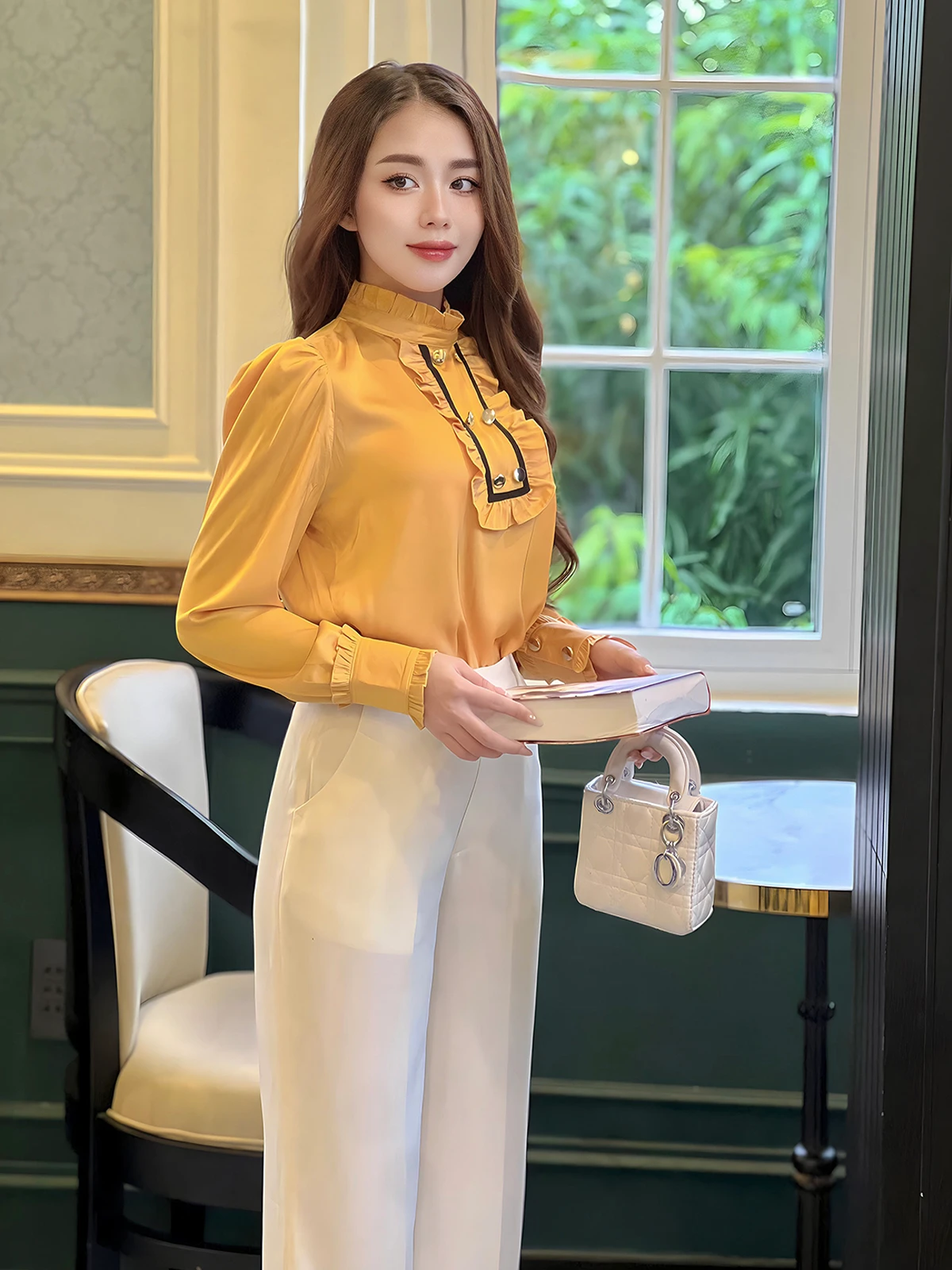 ÁO SƠ MI TAY DÀI PHỐI BÈO 6 NÚT HI0006