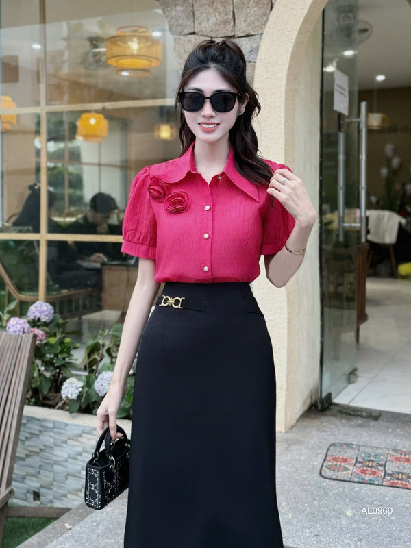 ÁO SƠ MI NGẮN TAY ĐÍNH HOA AL0960