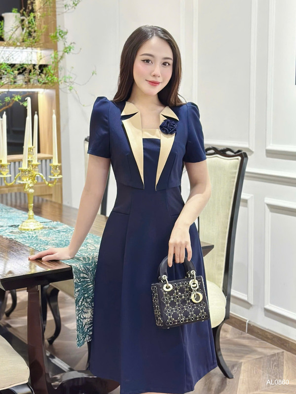 ĐẦM DÀI CỔ CHỮ U GIẢ VEST AL0860 Xanh Navy